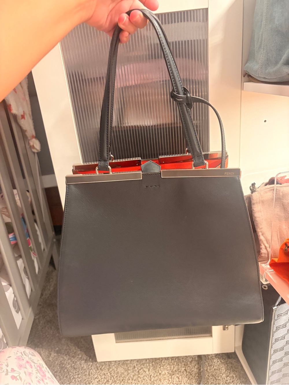 Fendi Black Leather Tote Bag with Red Interior Shoulder Bag